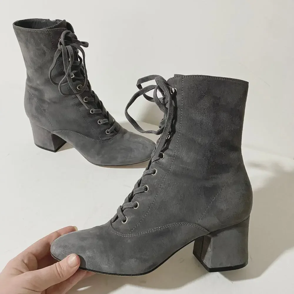 Gianvito Rossi Gray Suede Lace Up Boots Mackay Low Block Heel Ankle Zip sz 38